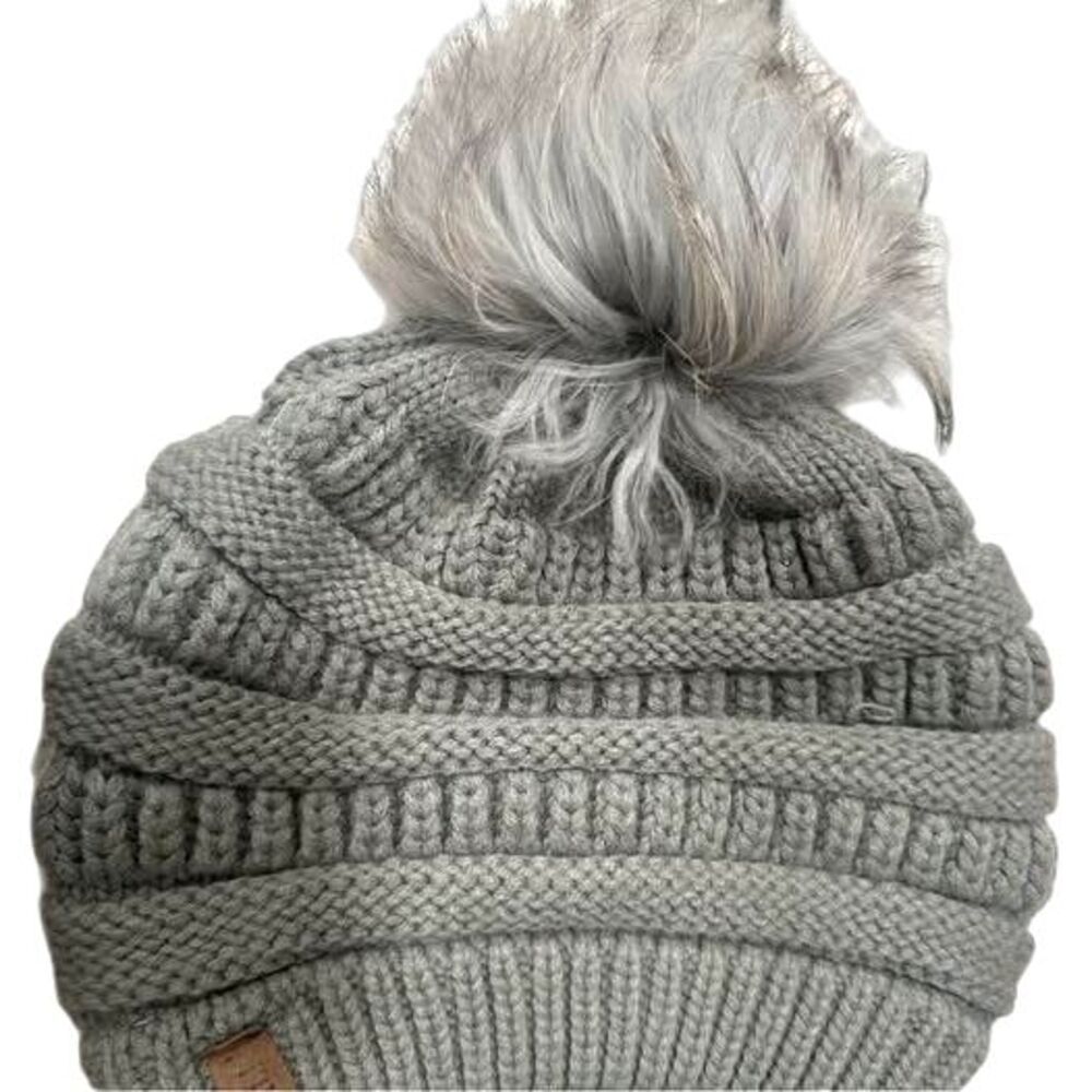 Furtal  Gray Knit Pom-Pom is(Removable ) Beanie for Woman